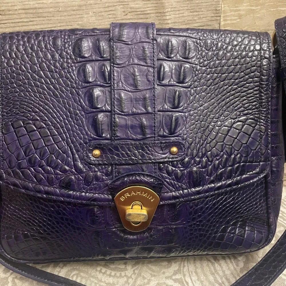 Brahmin Purple Croc Embossed Leather Crossbody Bag Turn Lock Gold Hardware